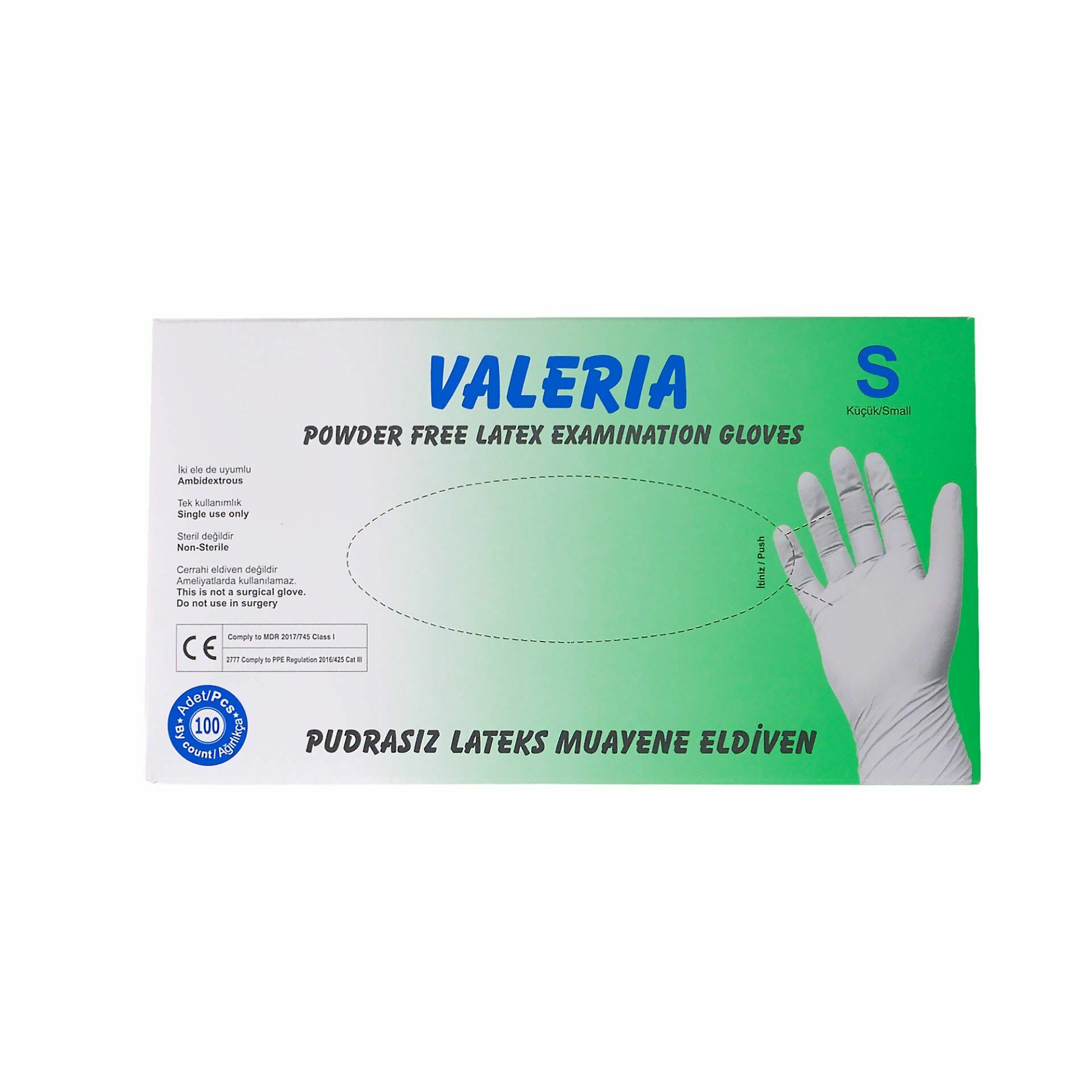 VALERİA Lateks Pudrasız Muayene Eldiveni 100'lü Beyaz S 20 Paket