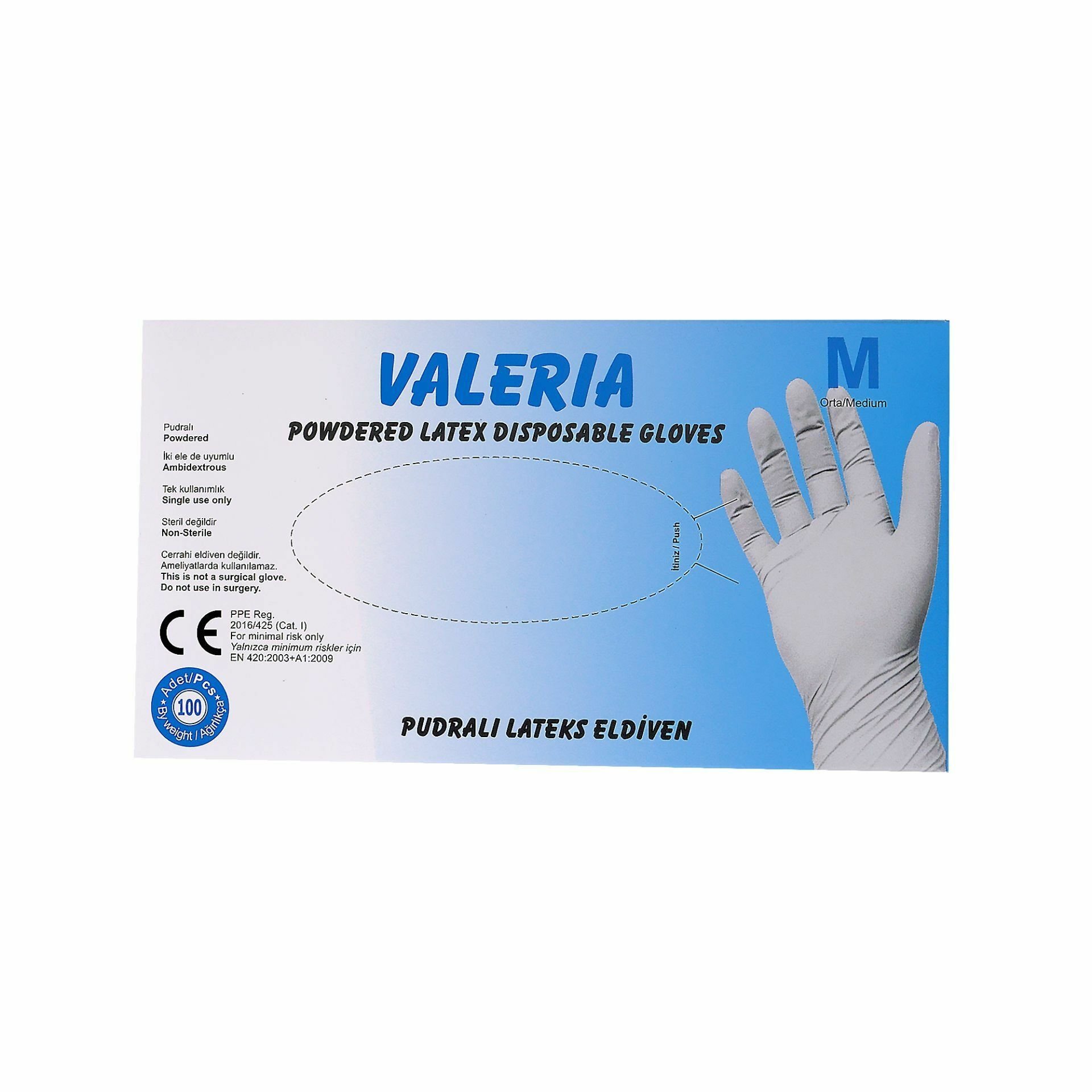 VALERİA Lateks Pudralı Muayene Eldiveni 100'lü Beyaz M 20 Paket